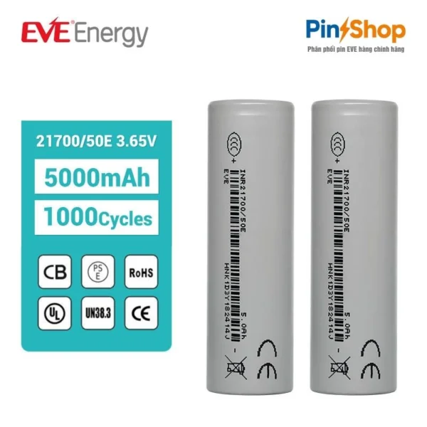 Cell pin Lithium-ion EVE 21700/50E – 3.65V – 5000mAh dòng xả tối đa 15A