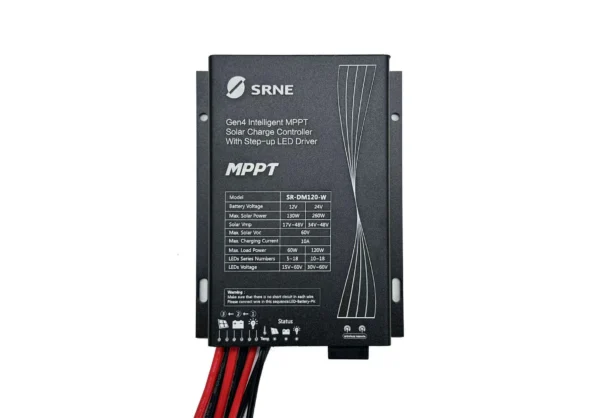 SRNE SR-DM120-W – Bộ điều khiển sạc năng lượng mặt trời MPPT tích hợp Step-up LED Driver, chống nước IP67