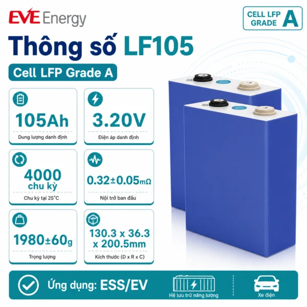 Pin EVE LF105 – Cell LFP 105Ah 3.2V Cho Pack 48V DIY Solar