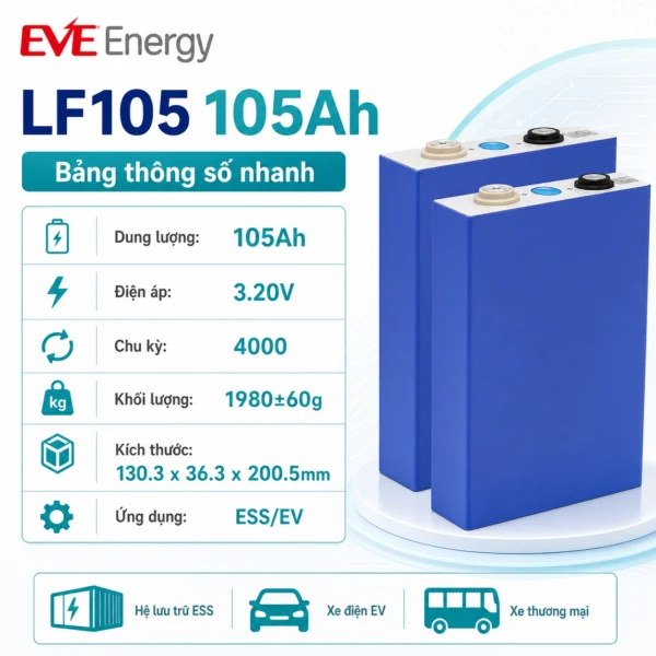 Pin EVE LF105 – Cell LFP 105Ah 3.2V Cho Pack 48V DIY Solar