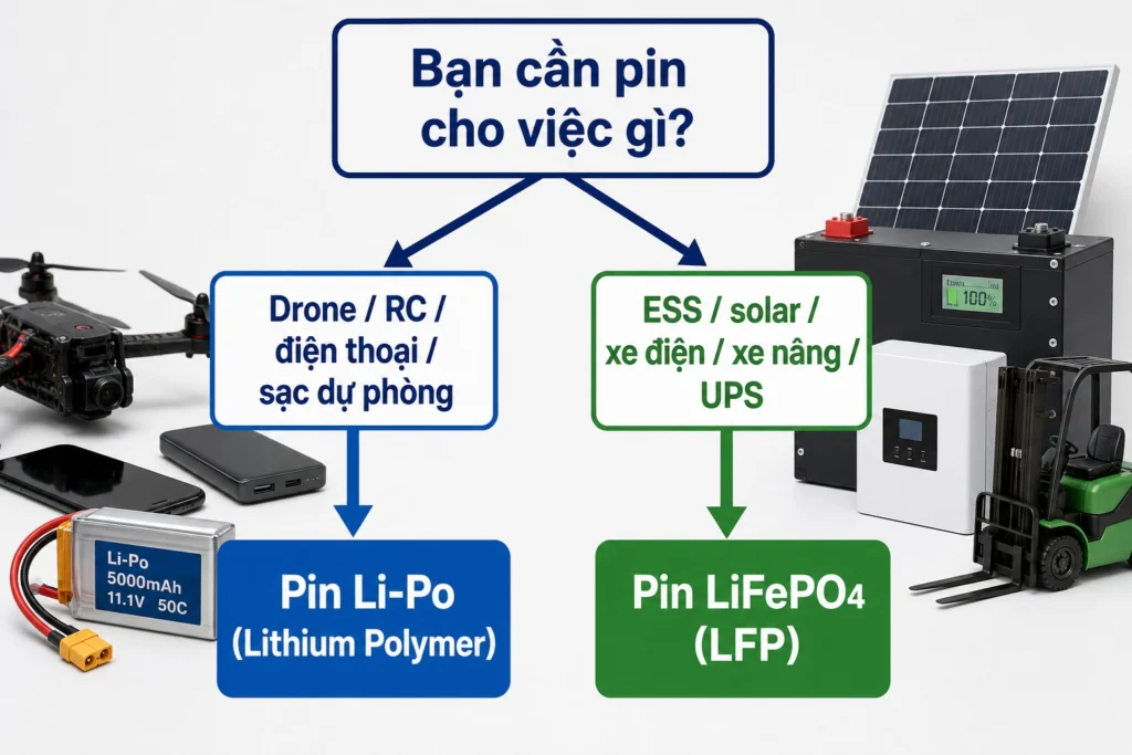 Flowchart hướng dẫn chọn pin Li-Po hay LiFePO4 theo nhu cầu sử dụng