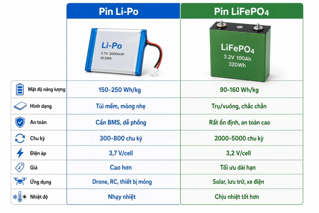 Infographic so sánh 8 tiêu chí kỹ thuật giữa pin Li-Po và pin LiFePO4