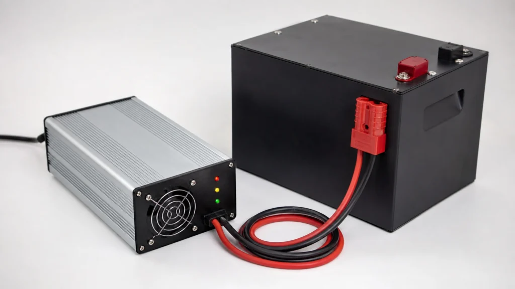 Bộ sạc pin LiFePO4 72V CC/CV với đèn báo và đầu cắm Anderson cho pack 24S
