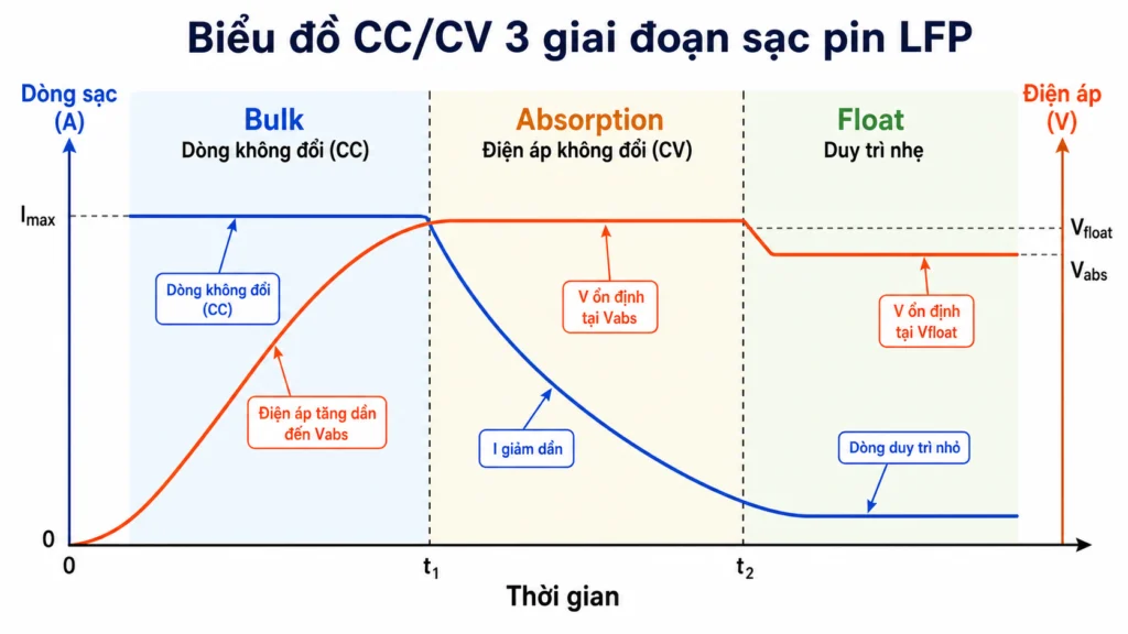 Biểu đồ CC/CV 3 giai đoạn bulk absorption float pin LFP