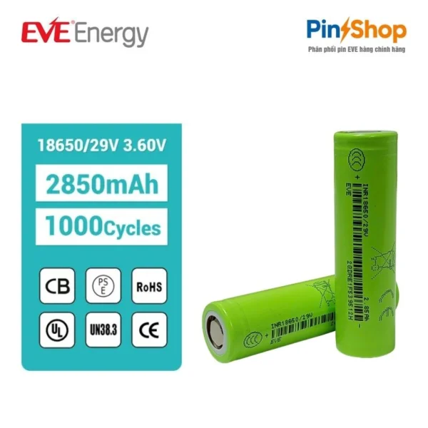 Cell pin lithium-ion EVE 18650/29V – 2850mAh 3.6V, sạc 4.2V, xả 8.4A