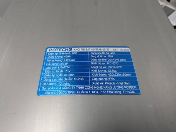 Pin LiFePO4 60V 45Ah 2.88kWh – Cell 32140, 20S3P, Vỏ Inox IP54