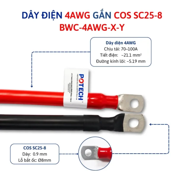 Dây điện bấm cos hai đầu 4 AWG màu đỏ dài 40 cm