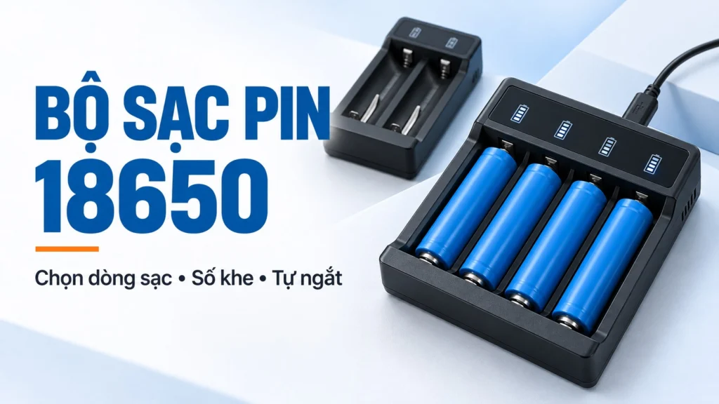 Minh họa bộ sạc pin 18650 hai khe và bốn khe để lựa chọn dòng sạc, số khe và tự ngắt.