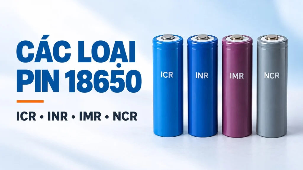 Minh họa bốn nhóm ký hiệu ICR, INR, IMR và NCR trên cell pin 18650.