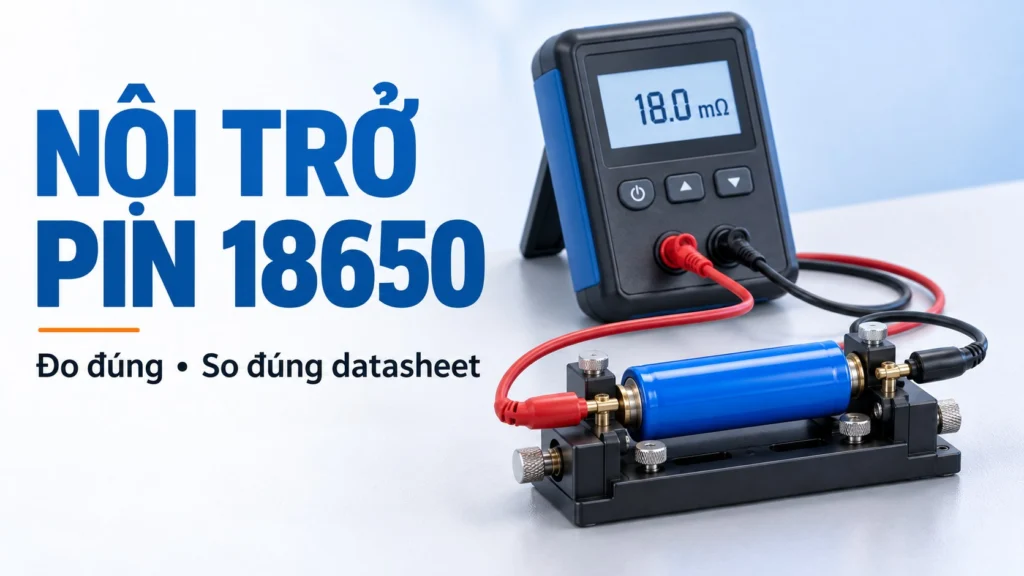 Minh họa đo nội trở cell pin 18650 bằng máy đo chuyên dụng và gá đo Kelvin.