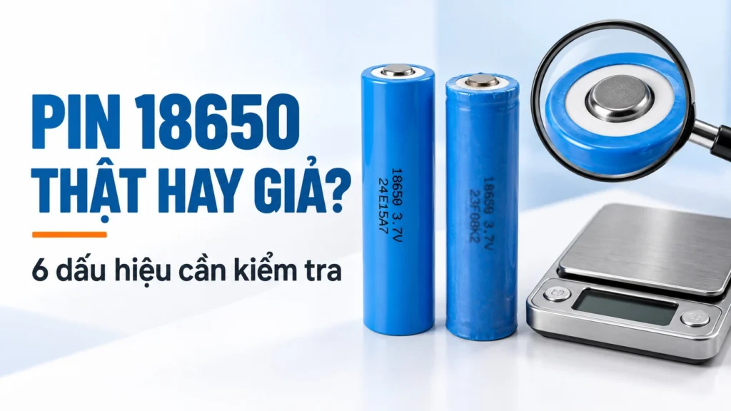 Minh họa kiểm tra vỏ cell, cực pin và khối lượng để phân biệt pin 18650 thật giả.