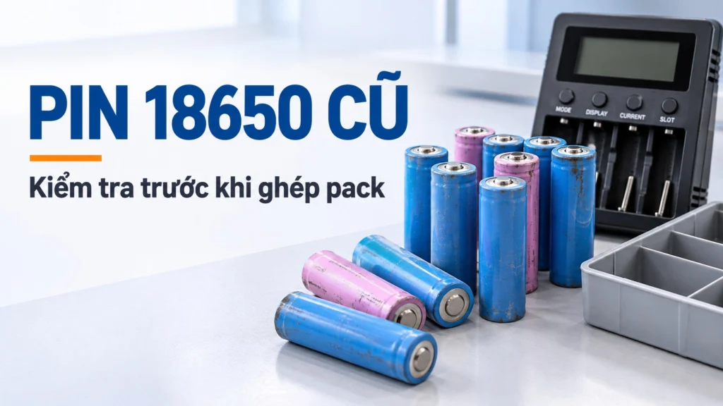 Minh họa cell pin 18650 đã qua sử dụng và thiết bị kiểm tra trước khi ghép pack.