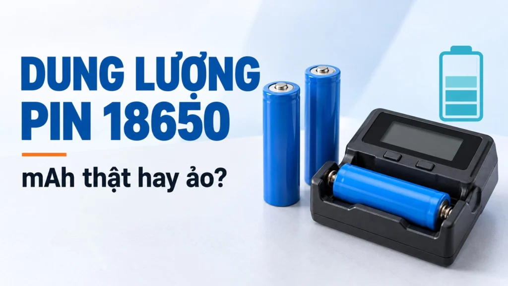 Minh họa cell pin 18650 và thiết bị kiểm tra dung lượng thực tế.